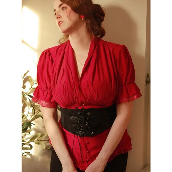 Scarlet Darkness Victorian Pleated Shirt Lace Up Work Blouse Plus Size XXL - Picture 2 of 6